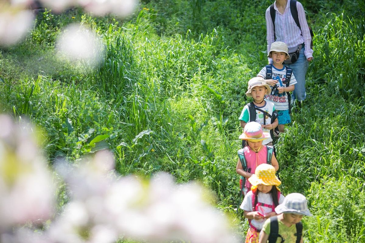 緑の中を仲間と歩くどろん子の子どもたち